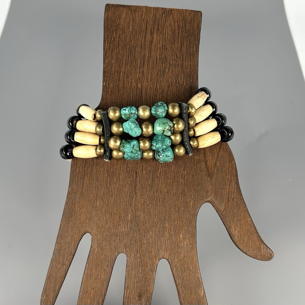 Turquoise Bone Hairpipe Brass Horn Multi Strand Leather Bracelet 7.5" Vintage